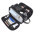 Men's black PU leather toiletry bag with zip, shown closed, dimensions 20cm by 10cm.