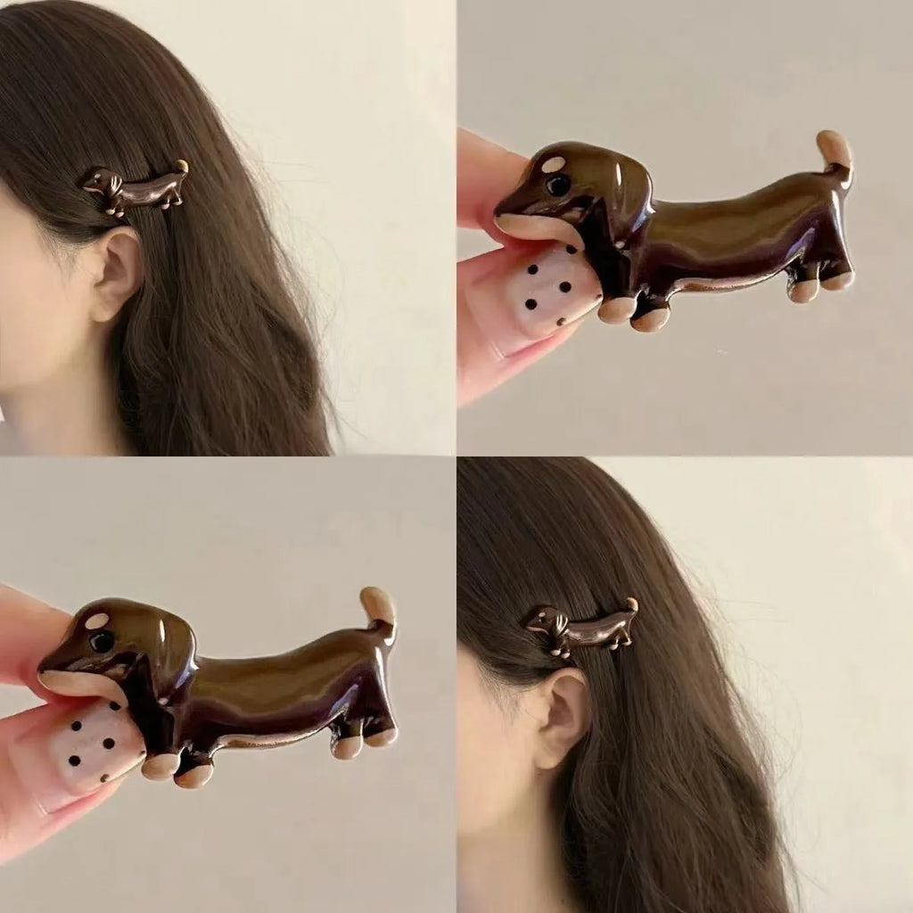Dachshund dog design hair barrettes with electroplated finish in loose delicate styling