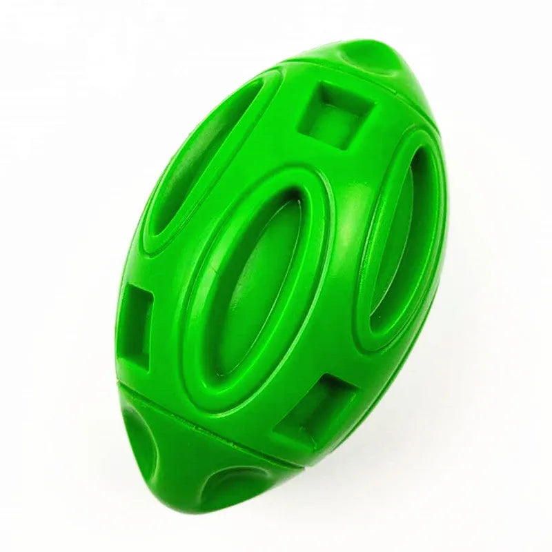 Blue, green, and orange natural rubber squeaky dog chew ball for aggressive chewers.