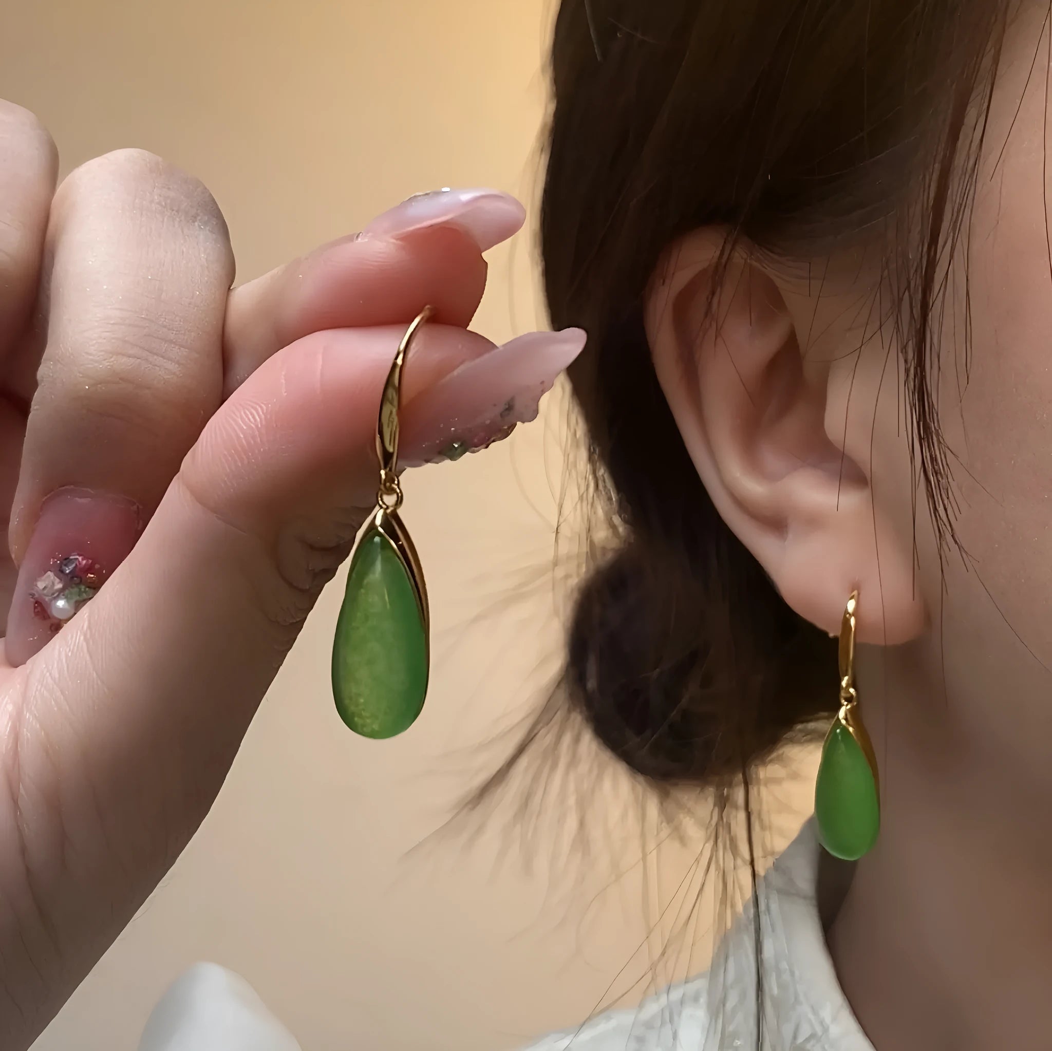 Women's Chinese style copper earrings with geometric water droplet design in CP798 jade colour