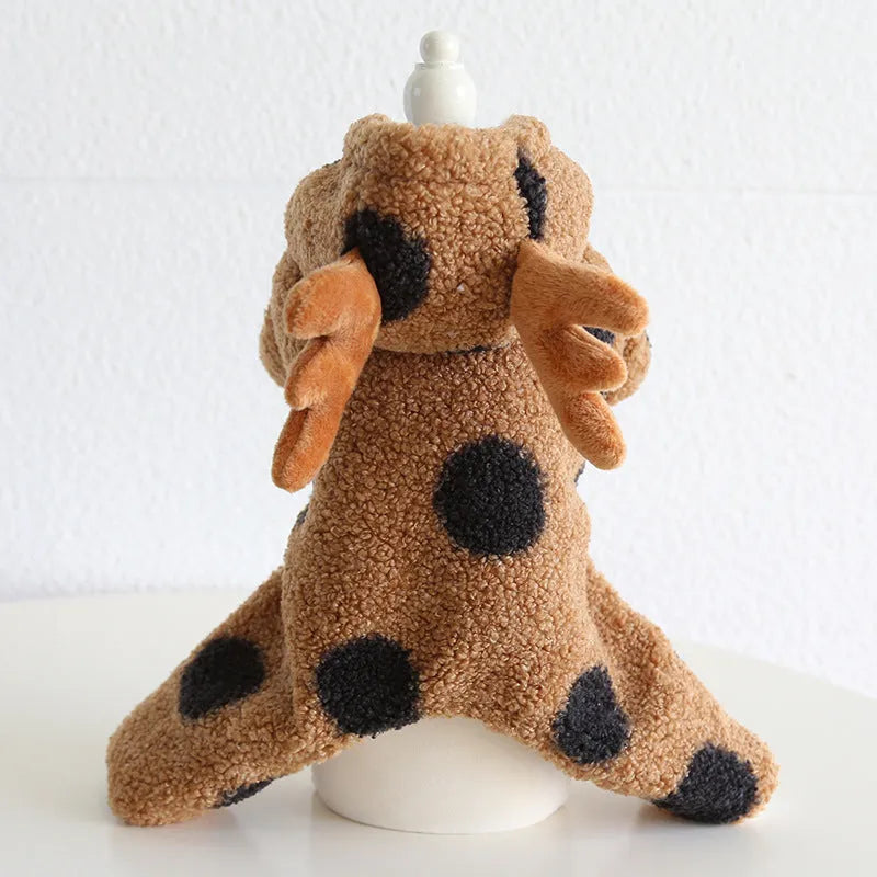 Polka dot pet dog or cat clothing with elk couple design, shown in skirt and four-leg style options.