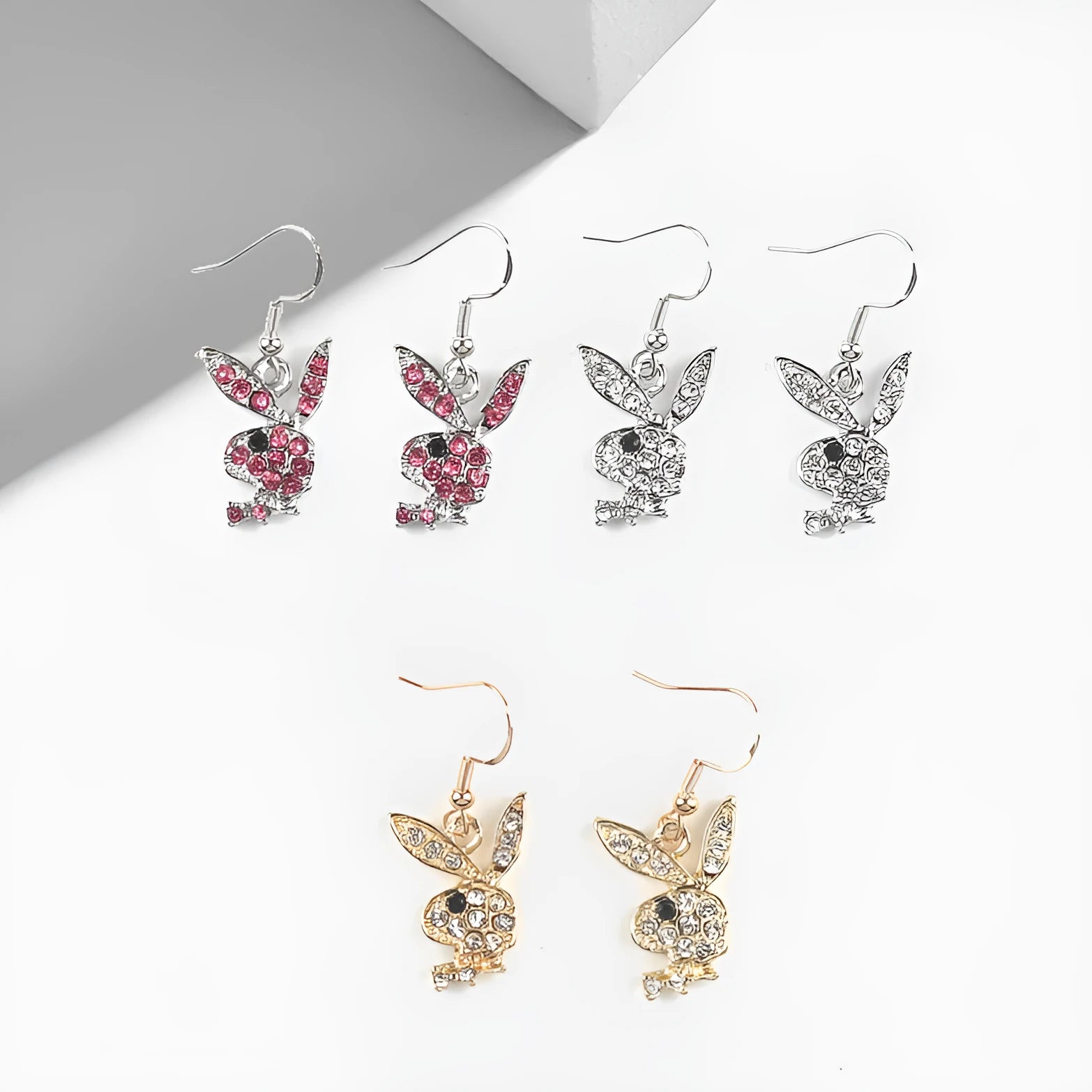 Rabbit stud earrings with diamond detailing in silver, pink and gold colour options