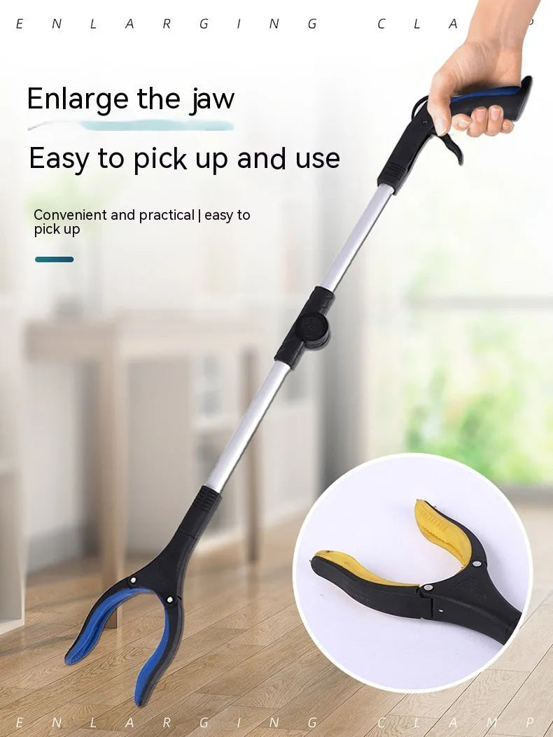 Foldable aluminium garbage clamp with magnet sucker extended to 80cm, showing blue handle option.
