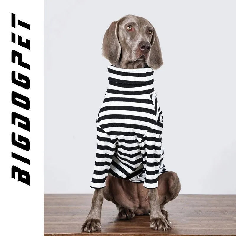 Black and white thin polyester dog clothing for large breeds on a size chart.
