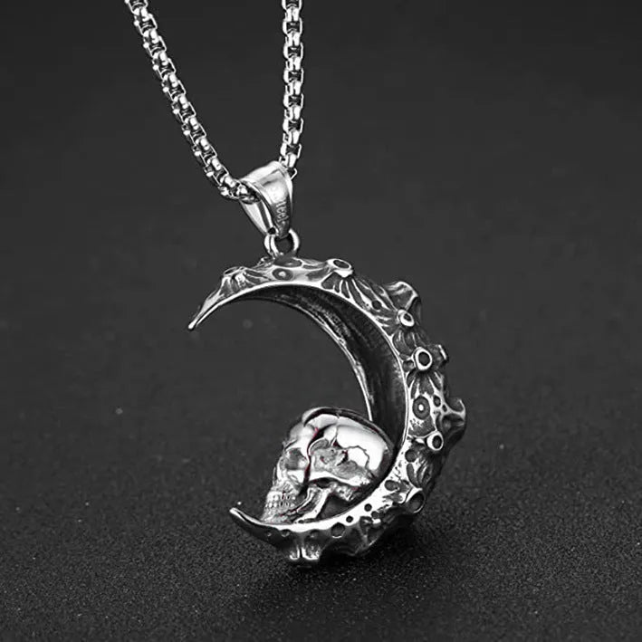 Men's stainless steel skull necklace with electroplated silver finish showing six pendant design variations