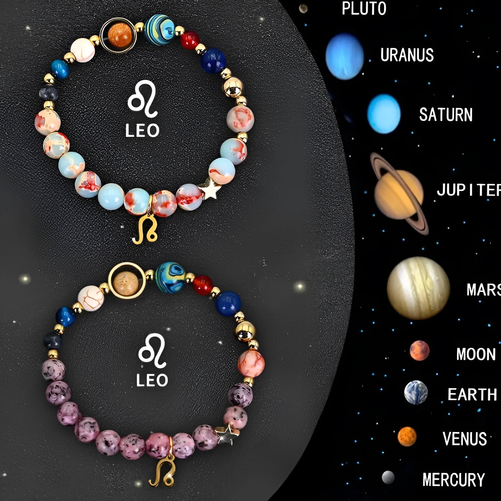 Set of two natural stone beaded bracelets on a table, showing zodiac sign designs and elastic string.