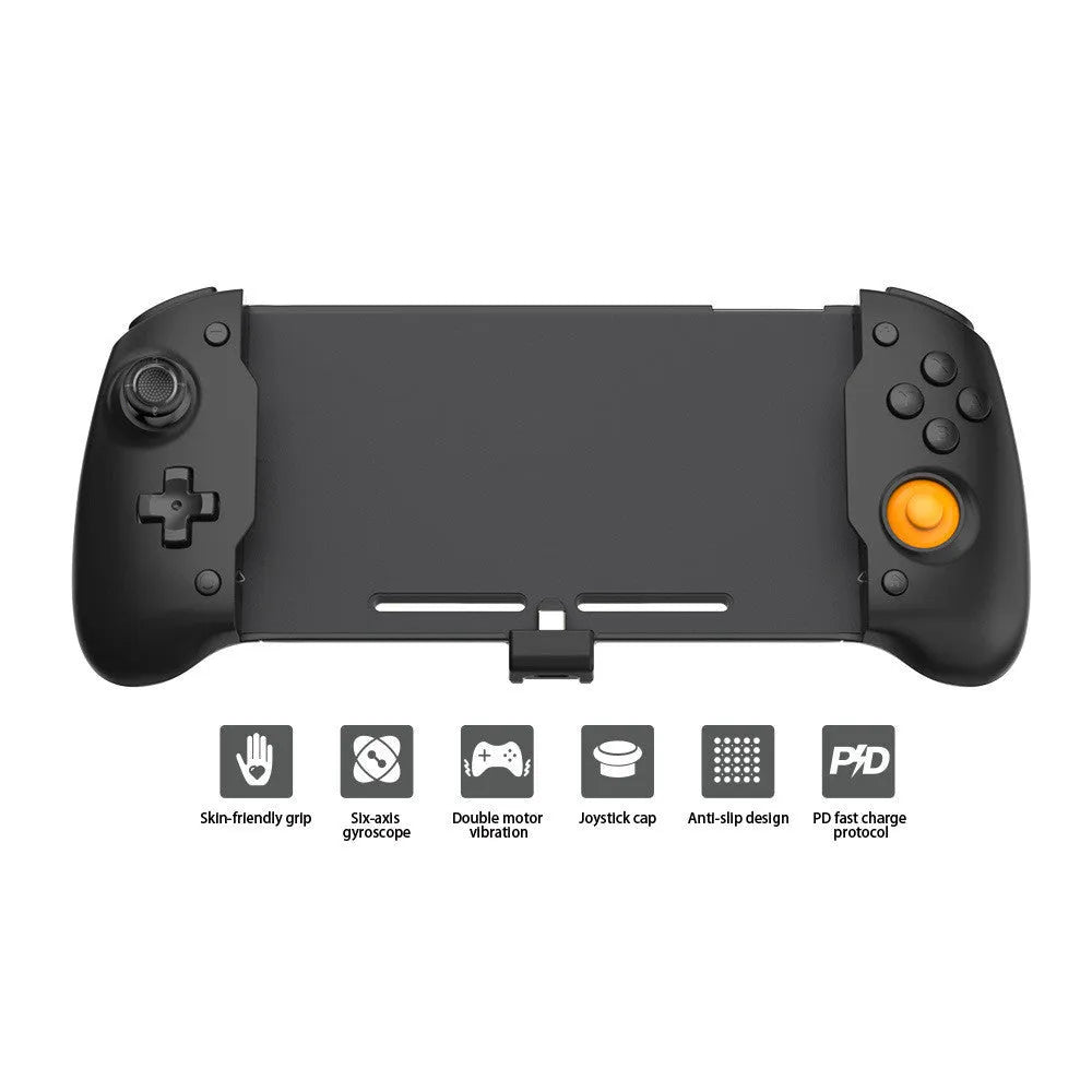 Black or white portable Switch gamepad handle showing console insertion point, buttons, and Type-C charging port.