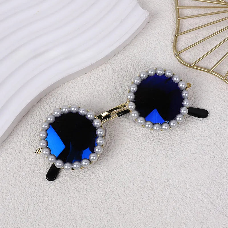 Pearl-rimmed round sunglasses for pets in blue, black, coffee, orange and purple colours