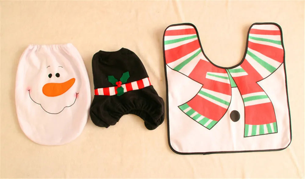 Christmas bathroom decoration set with toilet cover, floor mat and shower curtain in festive designs