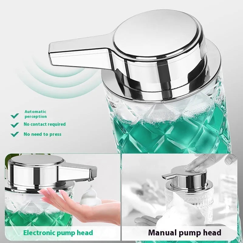 Automatic intelligent soap dispenser with silver PET shell and USB Type-C charging port