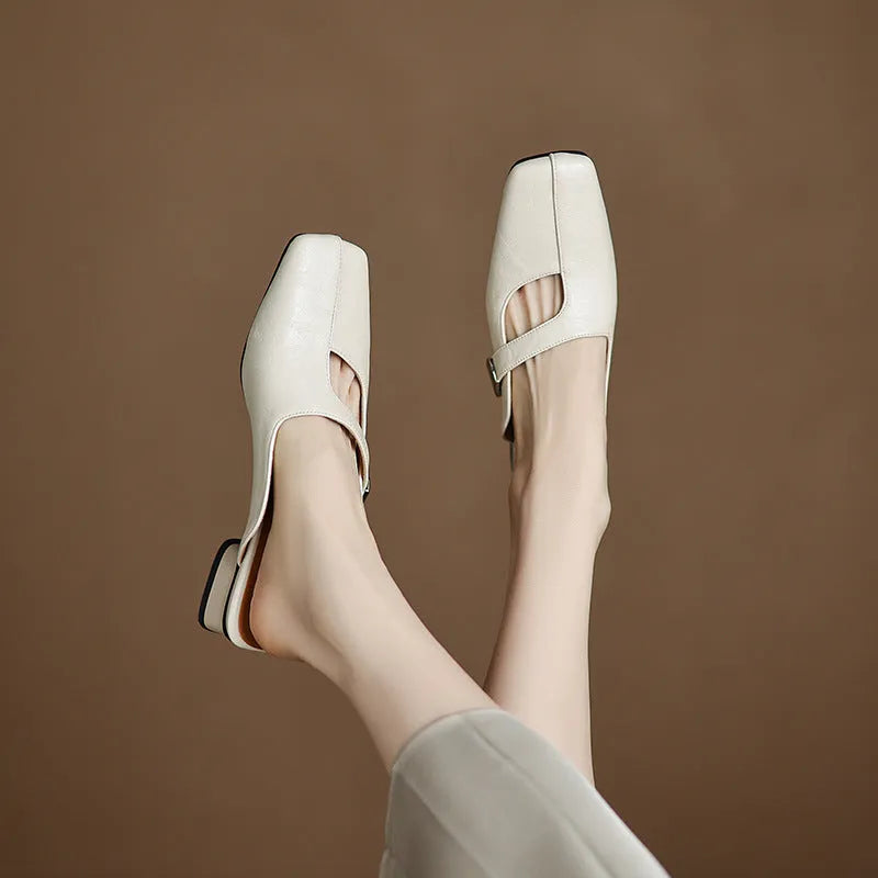 Casual low heel square toe slippers in black artificial PU with rubber sole