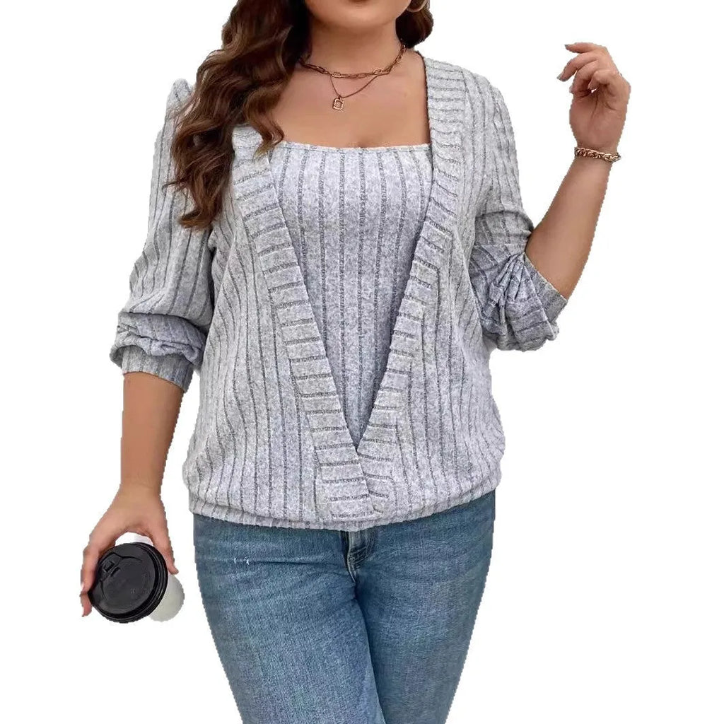 Women's solid colour V-neck long sleeve false two-piece suit in rib fabric.