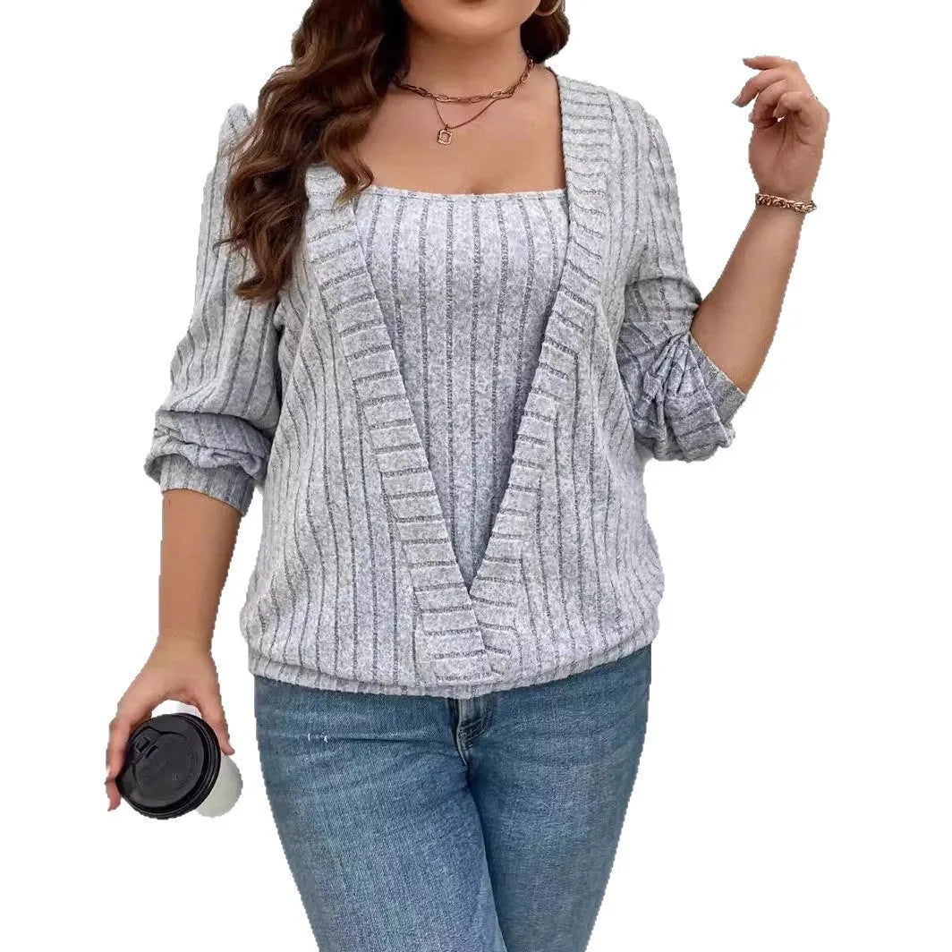 Women's solid colour V-neck long sleeve false two-piece suit in rib fabric.