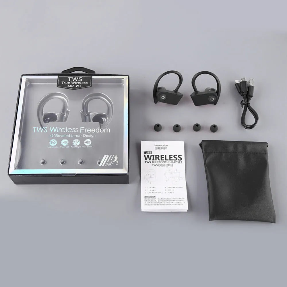 Black Bluetooth earphones with ergonomic design showing LED indicators and control buttons