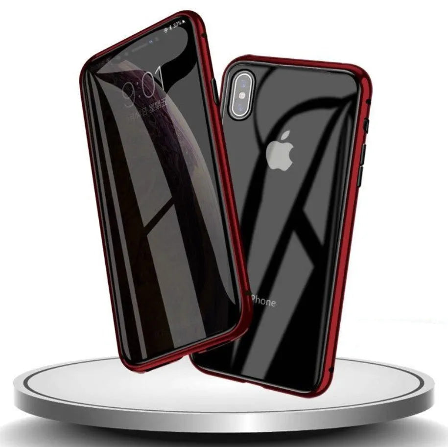 Glass anti-spy iPhone case with clamshell cover shown in black, silver, red, gold, green, and blue colour options.