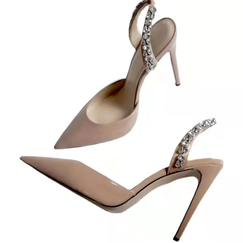 Pointed-toe high-heel sandals with rhinestone side detailing in patent leather colours