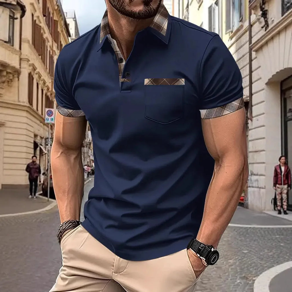 Men's loose fit short sleeve t-shirt with plaid colourblock design and zipper decorations