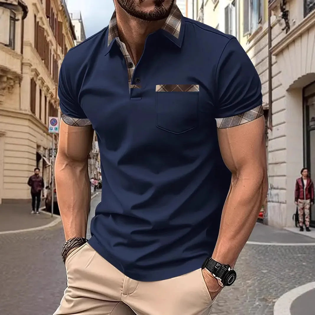 Men's loose fit short sleeve t-shirt with plaid colourblock design and zipper decorations