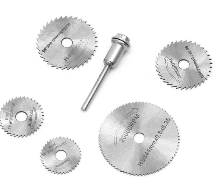 Six circular saw blades with high-speed steel construction showing different diameters from 10-25mm