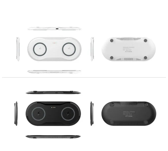 Black and white dual Qi wireless charging pad charging two smartphones simultaneously