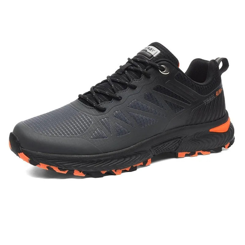 Men's plus size black breathable mesh running shoes with lace-up front and rubber sole.
