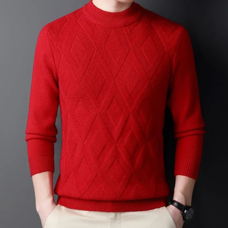 Men's thick grey diamond jacquard wool blend thermal pullover sweater on a hanger.