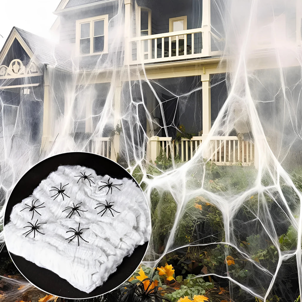 White cotton spider web Halloween decoration with plastic spiders in various pack sizes