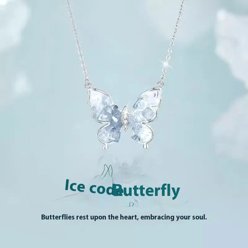 925 silver butterfly clavicle chain necklace with adjustable 41-50cm chain and ice rain pendant design