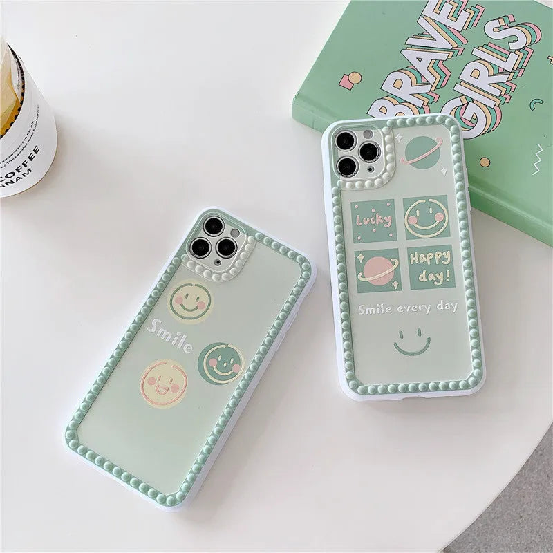 Geometric smiley face TPU phone case for iPhone with polka dot frame design