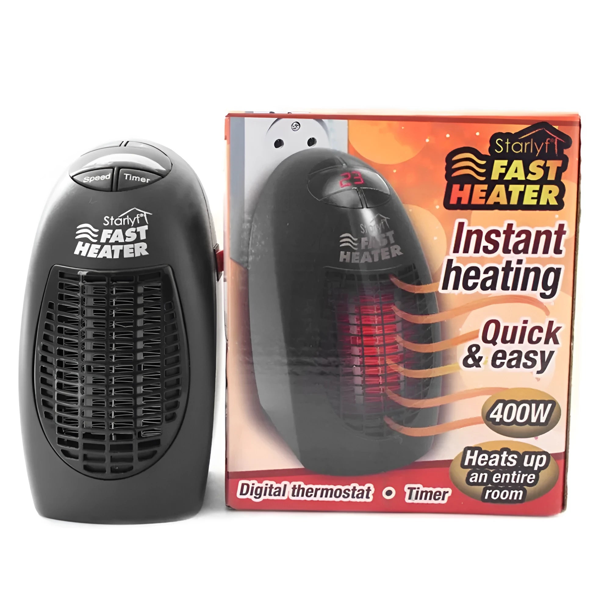 Black compact ceramic heater with digital display and rotating plug on desk