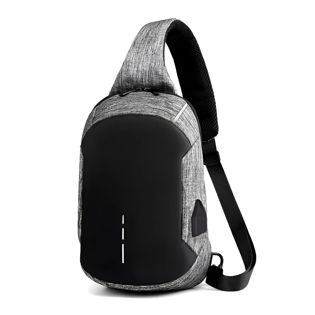 Dark blue waterproof Oxford cloth chest bag with zipper opening showing internal mobile phone compartment