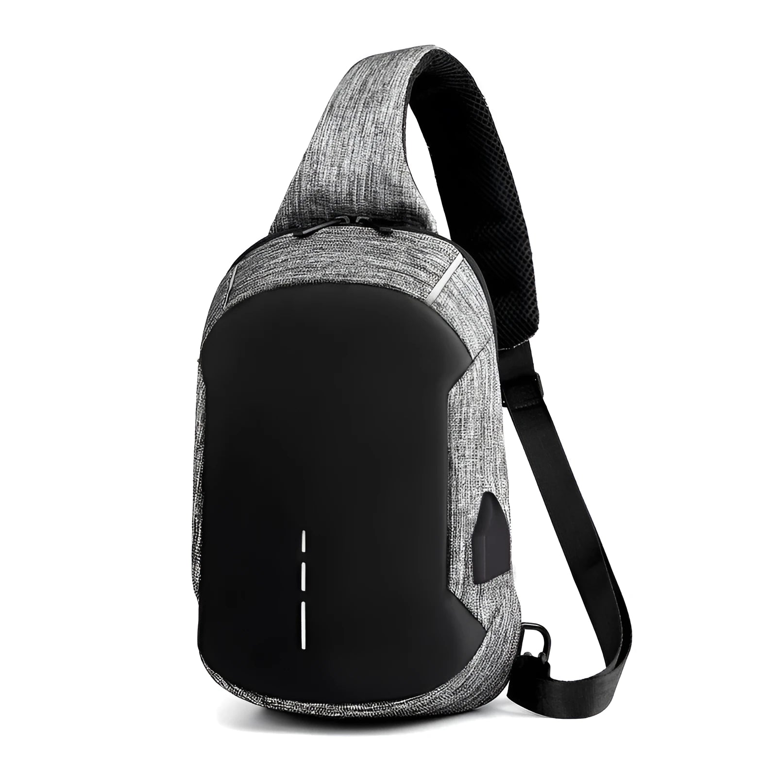 Dark blue waterproof Oxford cloth chest bag with zipper opening showing internal mobile phone compartment