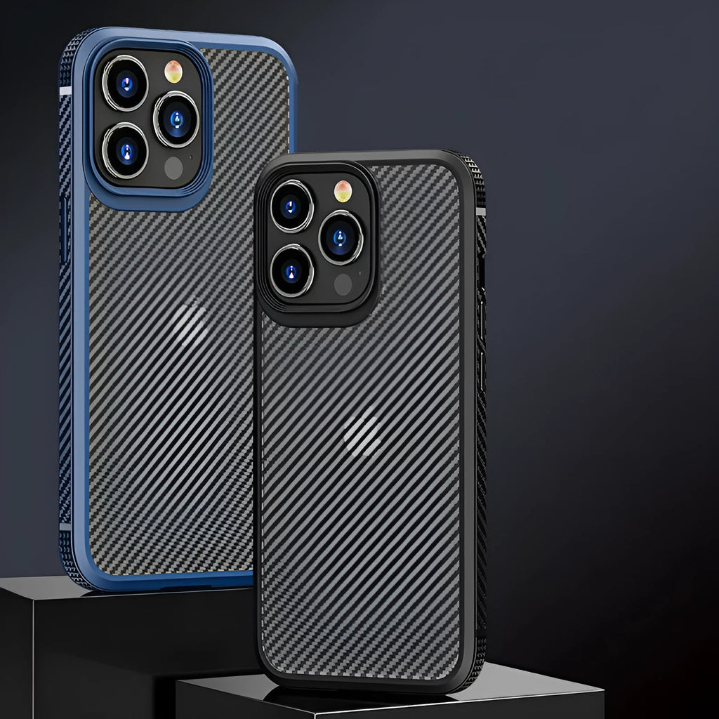 iPhone 13 series protective case in black with carbon fibre pattern and dual-material TPU/PC construction