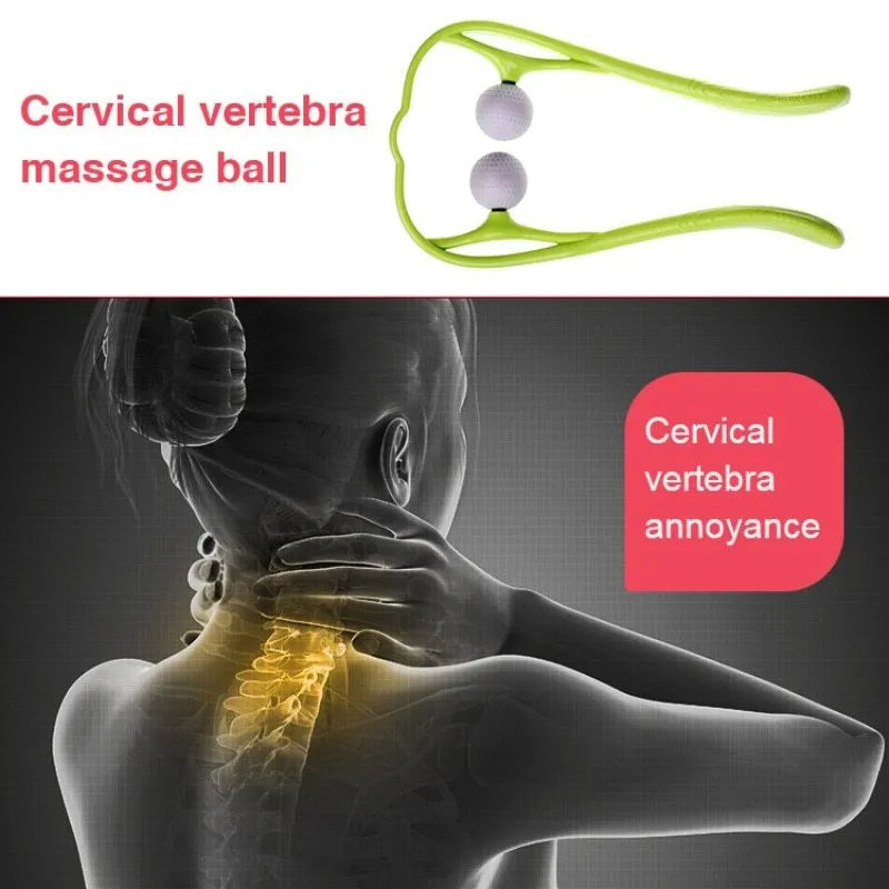 Manual neck and shoulder massager with adjustable stand and 3D floating-point rollers in pink, blue, and green colours.