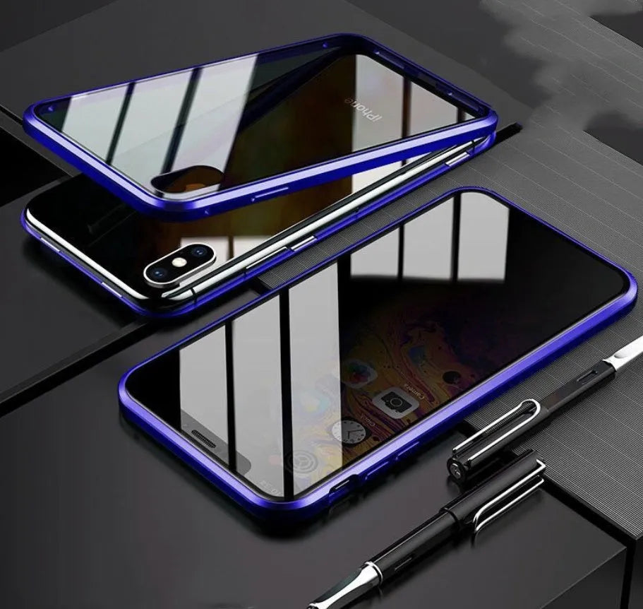 Glass anti-spy iPhone case with clamshell cover shown in black, silver, red, gold, green, and blue colour options.