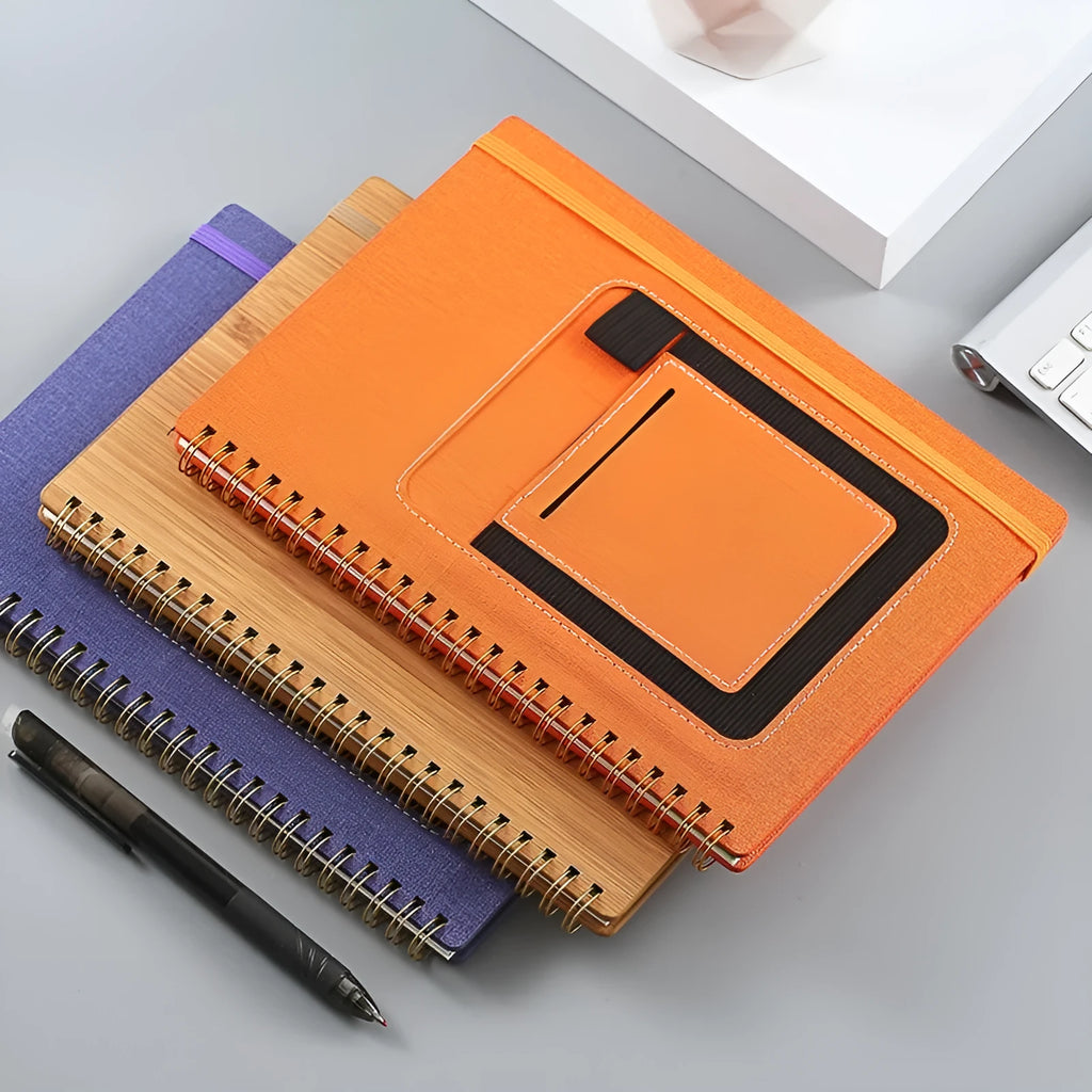 Erasable spiral notebook with stone paper pages and multiple cover colour options
