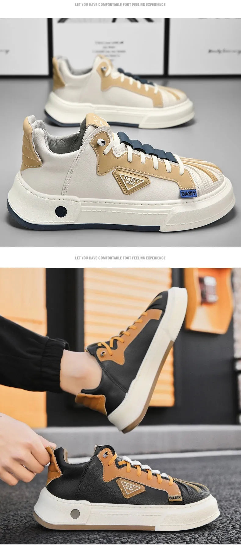 Men's beige low-top casual sneakers with elastic band closure and leather stitching details
