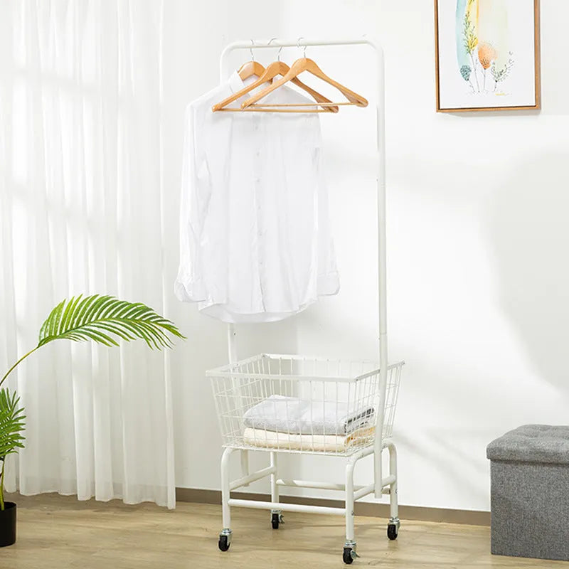 White iron single rod pulley storage car on an overhead track for wardrobe organisation.