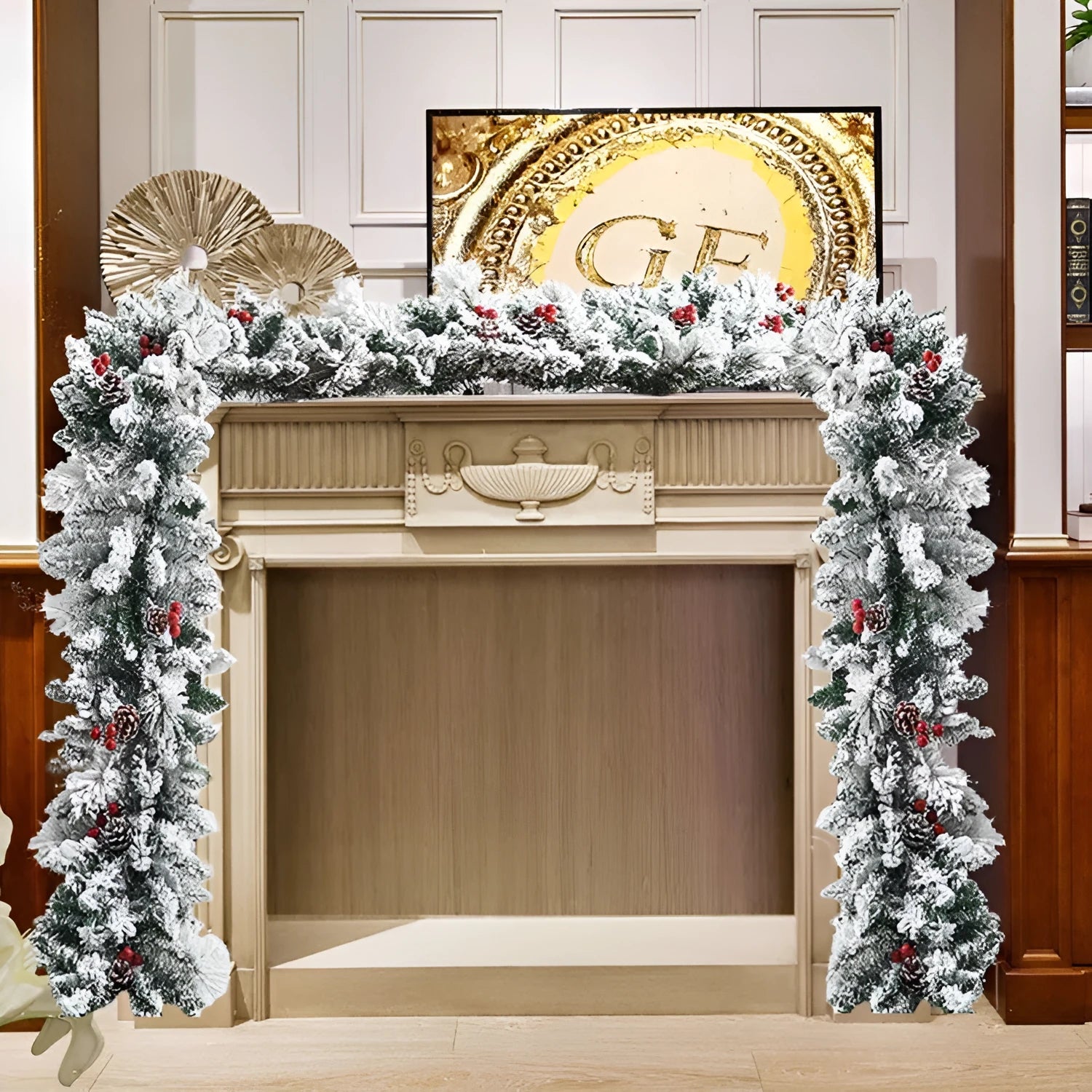 White flocked snow on a brown rattan vine Christmas garland draped over a mantelpiece.