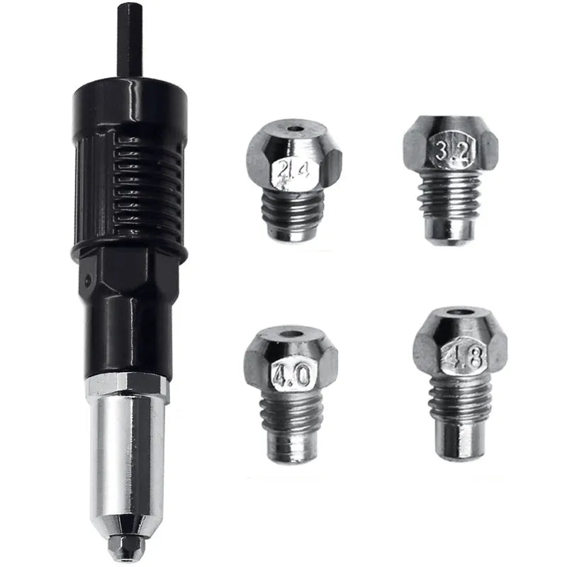 Black metal electric drill rivet gun attachment, 173mm long with alloy steel head.