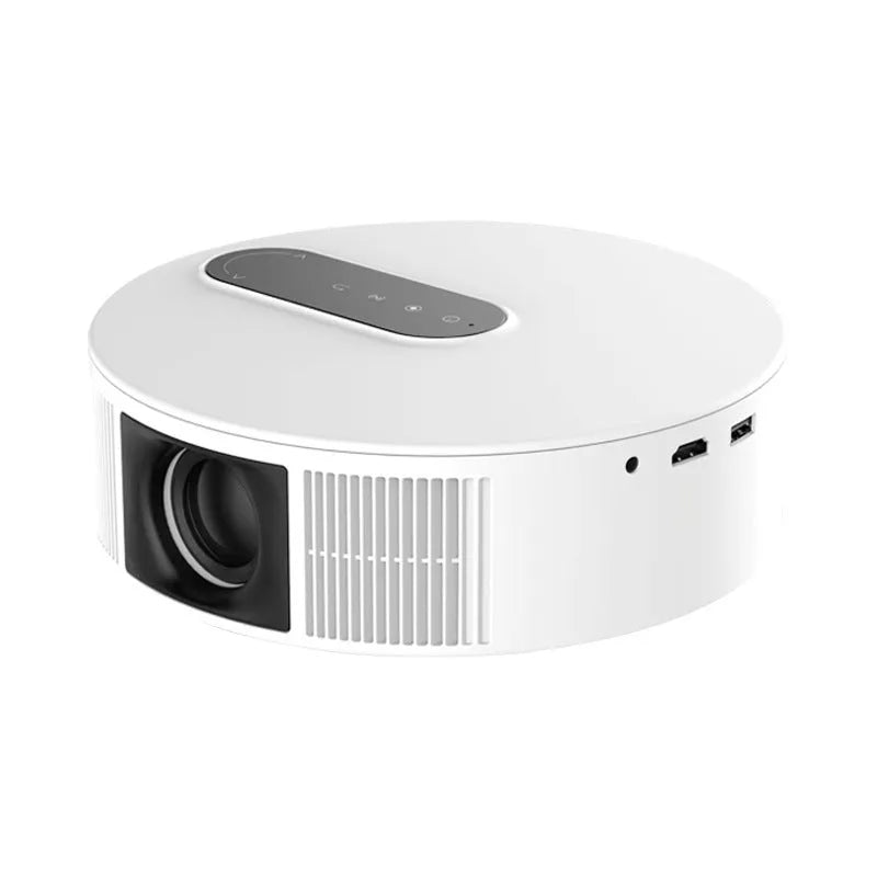 White 720p HD home theatre projector with remote control on neutral background