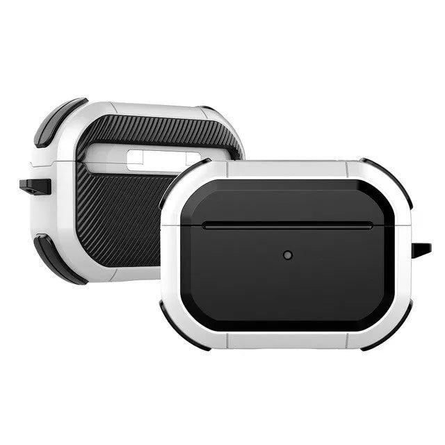 Black TPU and PC protective shell case for AirPods Pro and AirPods 1/2 generation earphones.