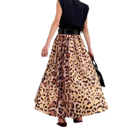 Brown leopard print women's A-line long skirt with elastic waistband on hanger