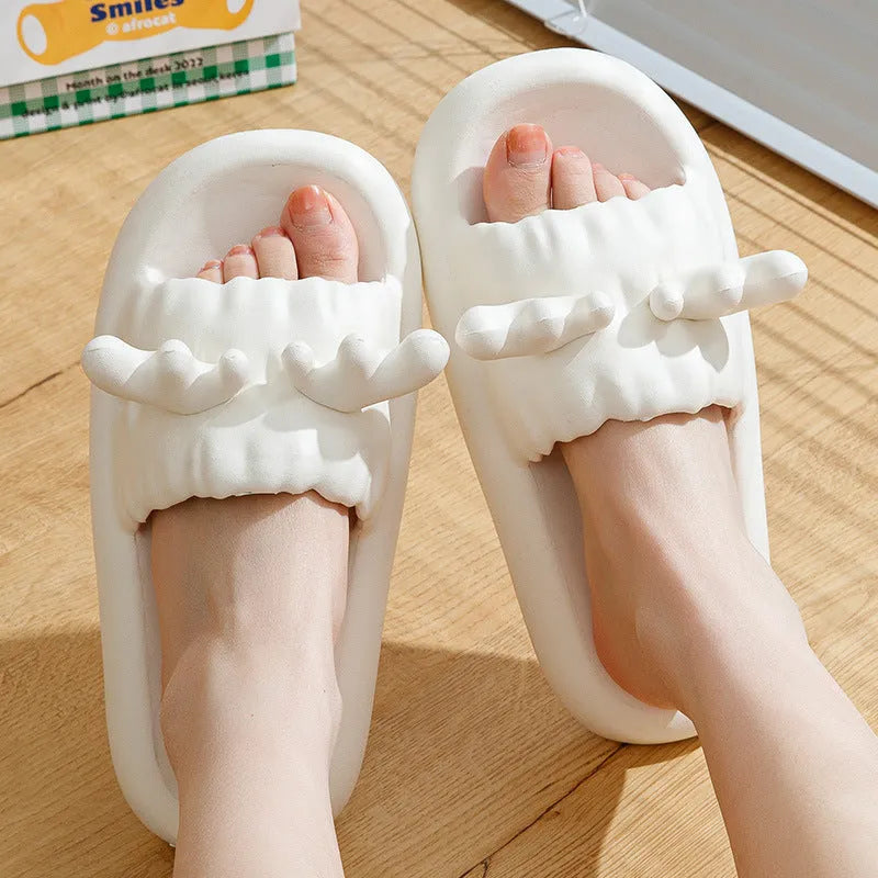 Deer horn pattern flip-flop slippers with non-slip EVA sole in white, light yellow, green, or dark grey