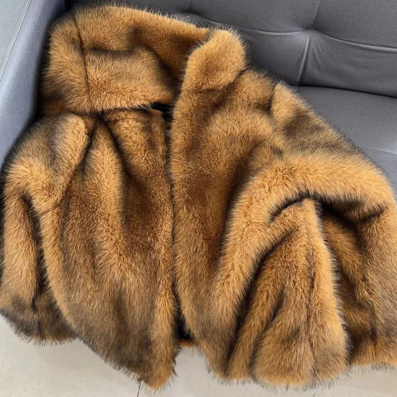 Women's silver grey artificial fur coat with loose fit and mid-length 65cm cut