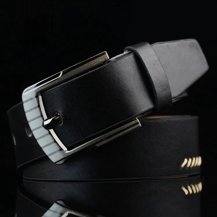 Men's retro-style casual belt with a pin buckle, shown in black, white, and brown colour options.