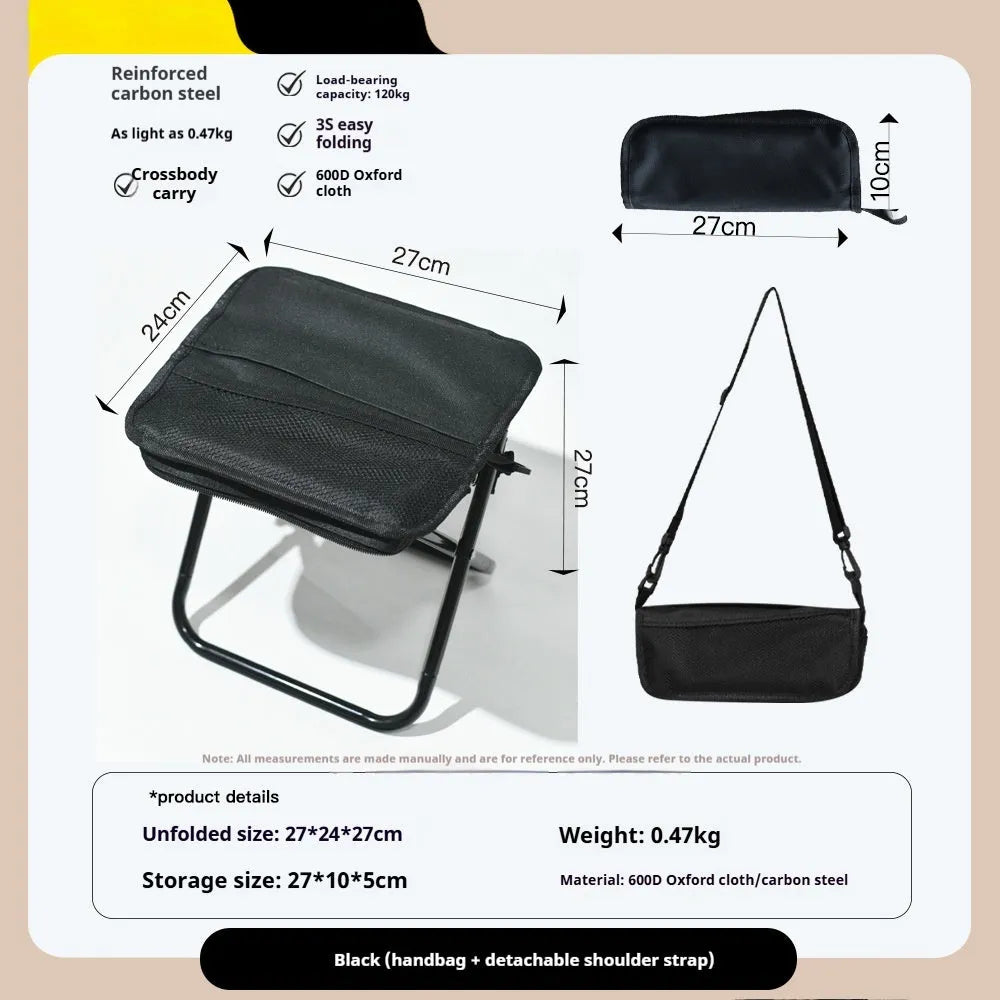 Foldable camp stool in pencil box design with oxford cloth construction shown in khaki colour