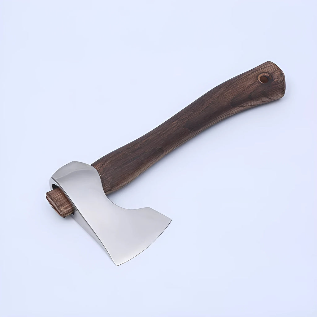 Camping axe with high carbon steel head and wooden handle showing dimensions