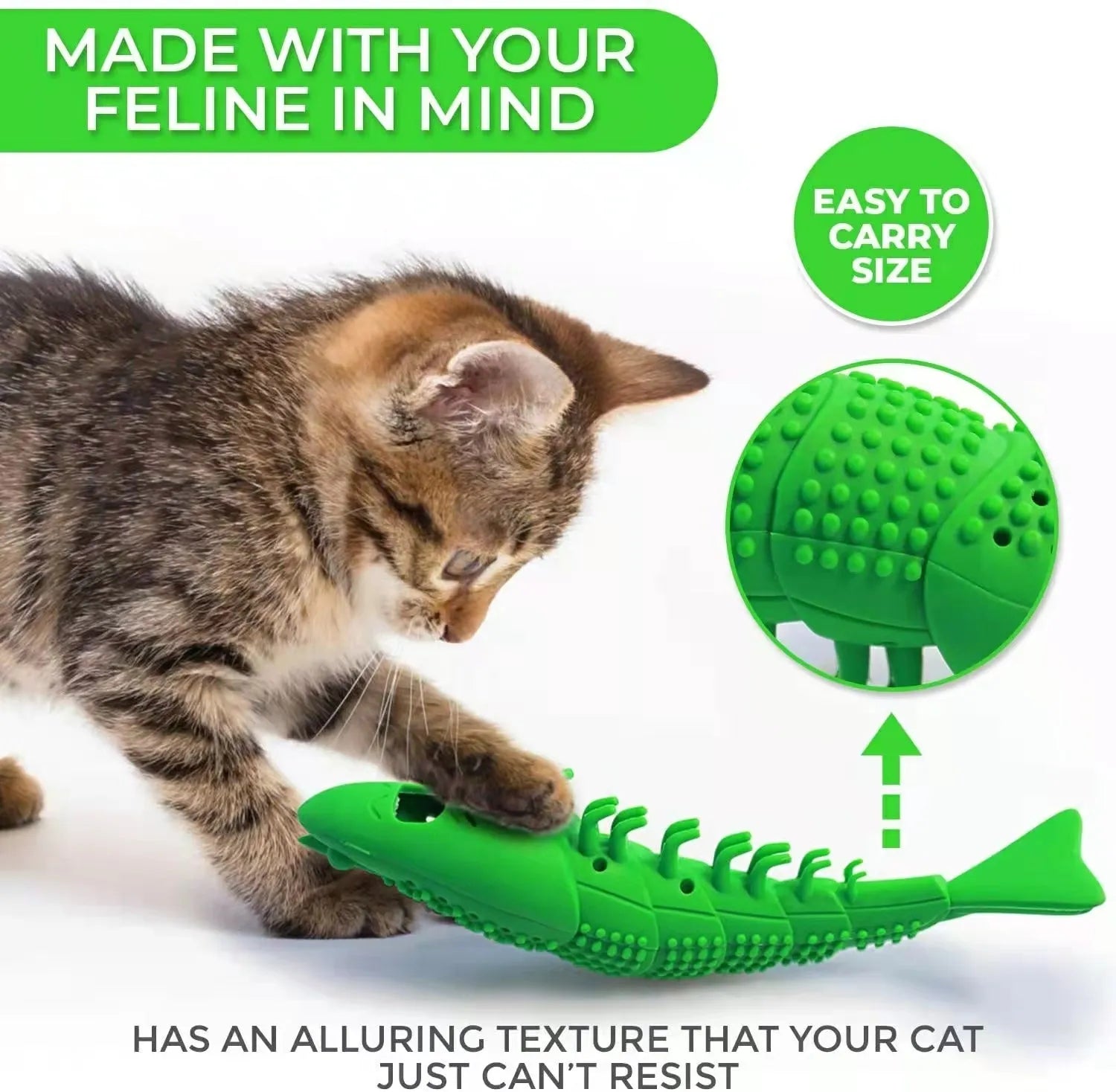 Blue hard rubber cat toy with 360-degree teeth cleaning bristles and internal catnip
