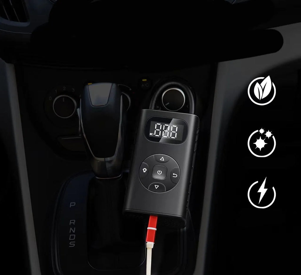 Black M09X portable electric air compressor power bank for car and motorcycle tyre inflation with USB cable